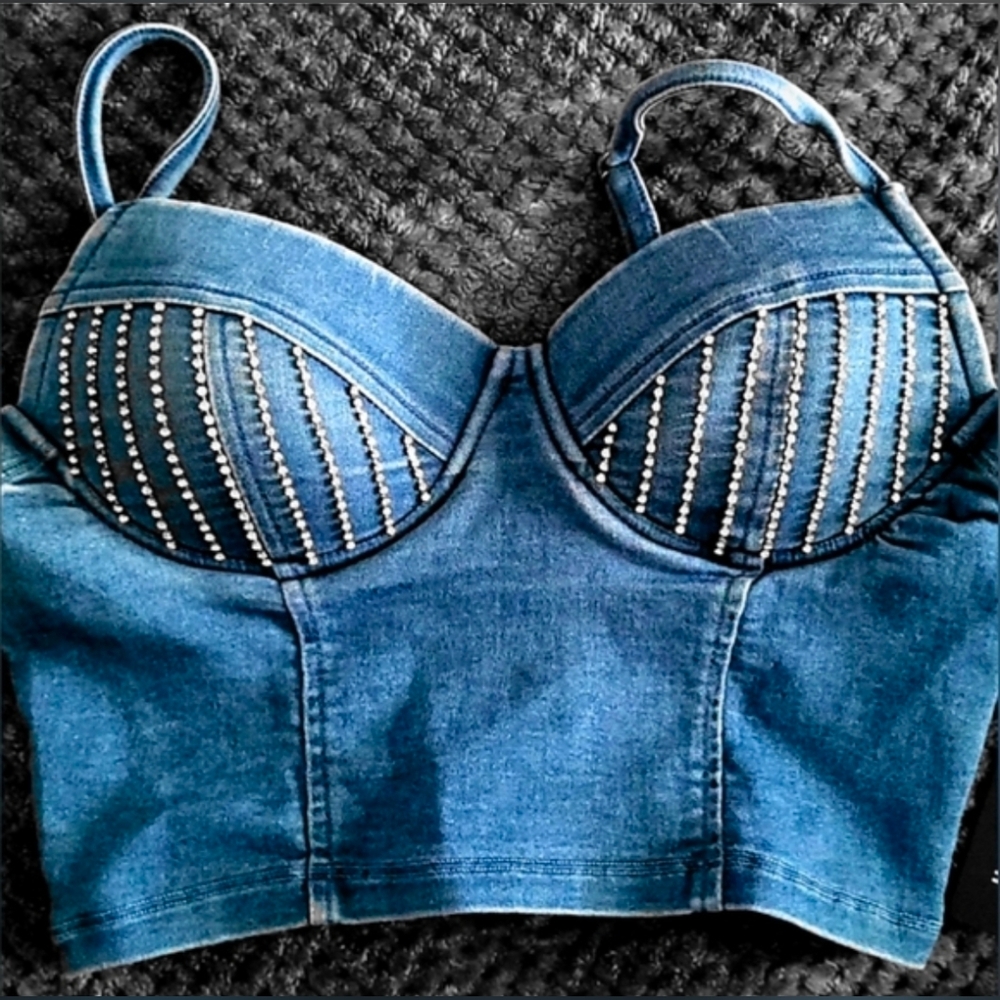 Haute Monde Denim Rhinestone Crop Top & Skirt - Picture 11 of 15